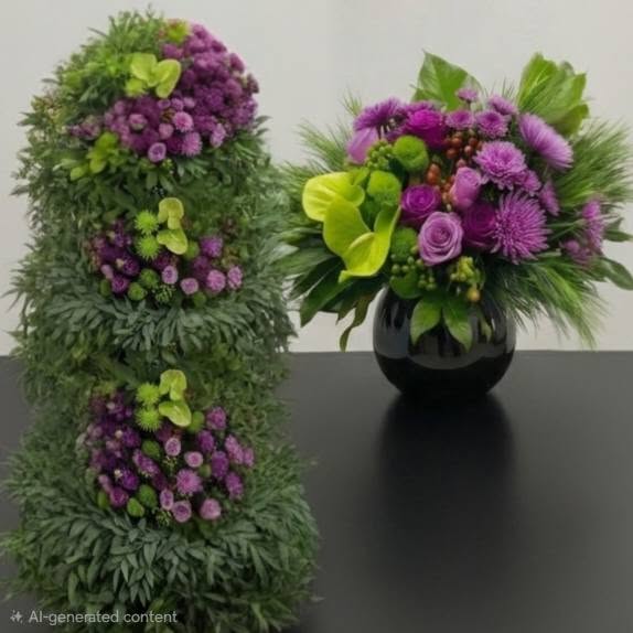 A luxury event decor showcase by Studio Forever Bloom featuring a tall purple and green hybrid floral pillar next to matching silk centerpieces in black pots.