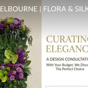 Silk Floral Event Decor Melbourne | Curating Elegance Pillar V1, Curating Elegance Pillar V1, A luxury event decor showcase by Studio Forever Bloom featuring a tall purple and green hybrid floral pillar next to matching silk centerpieces in black pots.
