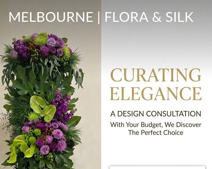 Silk Floral Event Decor Melbourne | Curating Elegance Pillar V1, Curating Elegance Pillar V1, A luxury event decor showcase by Studio Forever Bloom featuring a tall purple and green hybrid floral pillar next to matching silk centerpieces in black pots.