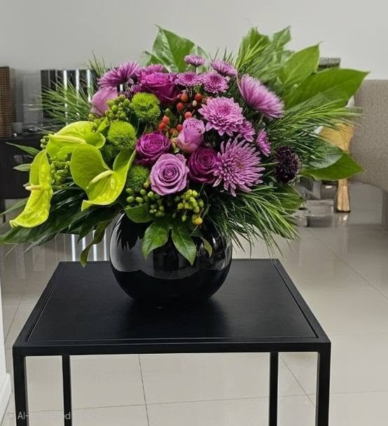 A luxury event decor showcase by Studio Forever Bloom featuring a tall purple and green hybrid floral pillar next to matching silk centerpieces in black pots.