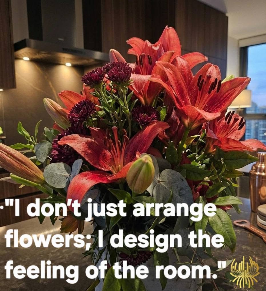 A luxury winter-themed floral display named WINTER LILIES Red Hybrid Arrangement V1 featuring large red lilies, dark burgundy blooms, and eucalyptus by Studio Forever Bloom.