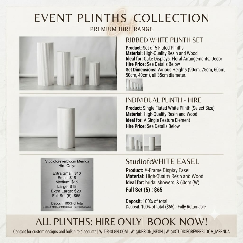 Premium white fluted event plinths for hire in Mernda, ideal for weddings, cake displays, floral arrangements, and luxury event styling.