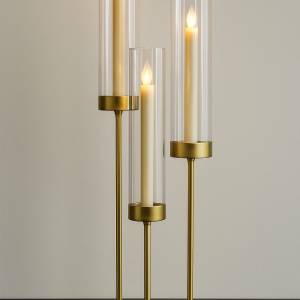 Gold candle holder hire Melbourne with tall clear glass cylinders