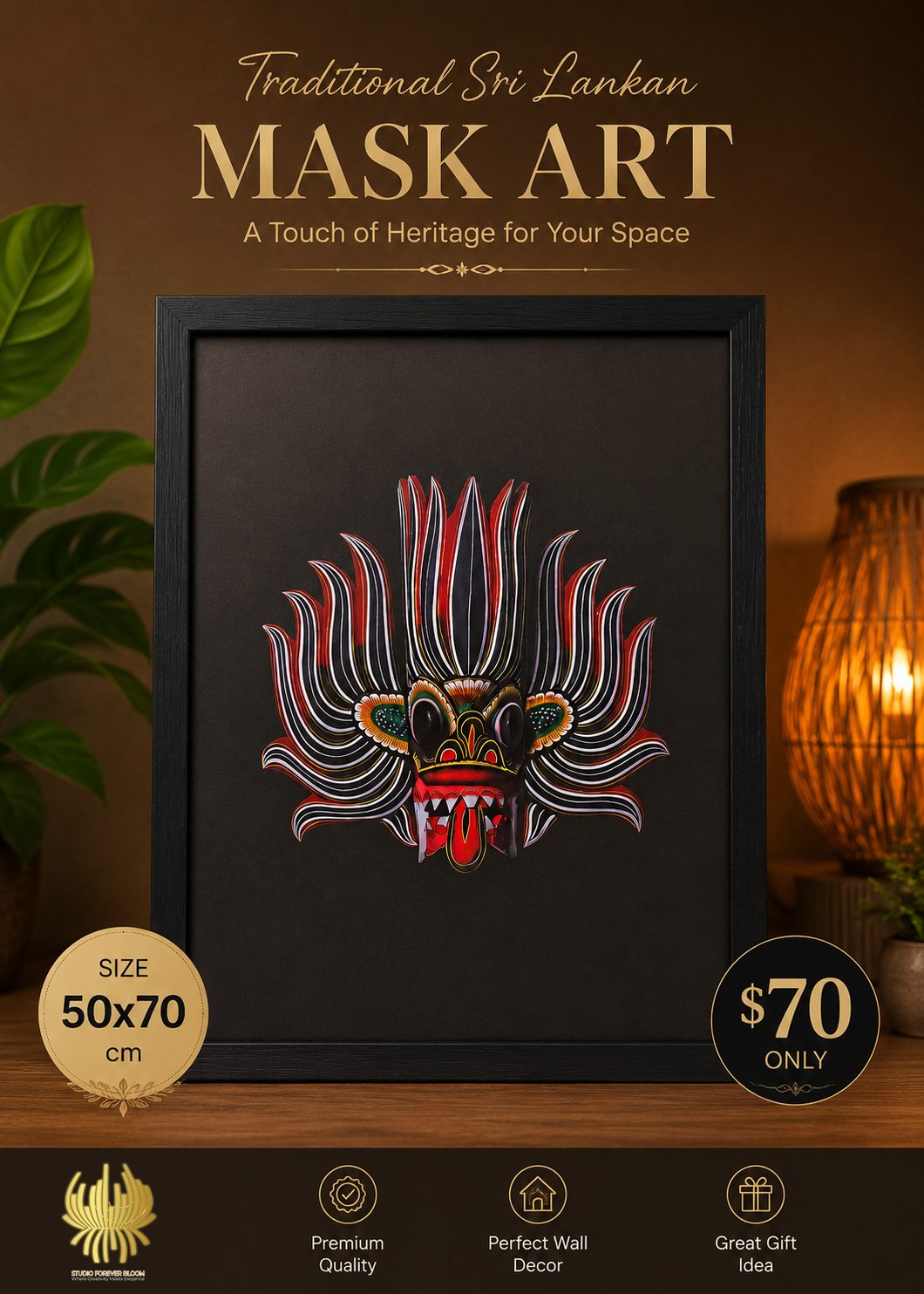 Framed 50x70 cm Traditional Sri Lankan Mask Art featuring intricate red and white patterns on a black background displayed on a wooden surface.