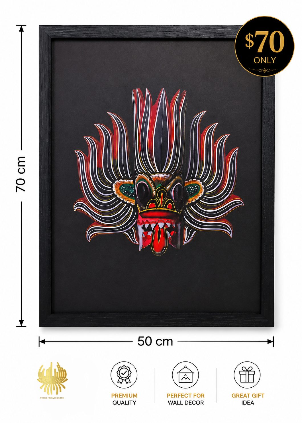 Framed 50x70 cm Traditional Sri Lankan Mask Art featuring intricate red and white patterns on a black background displayed on a wooden surface.